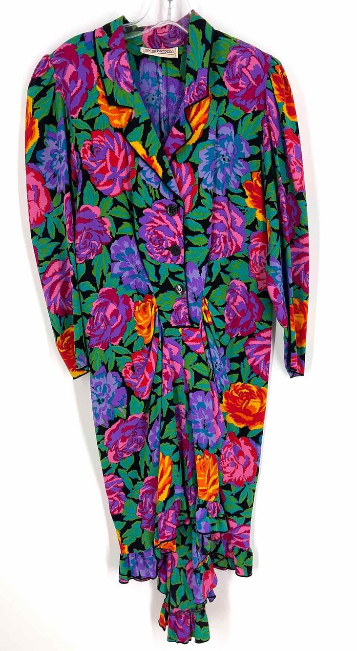 Roccobarocoo Size 4 Black/Multi Floral Ruched Designer Dress